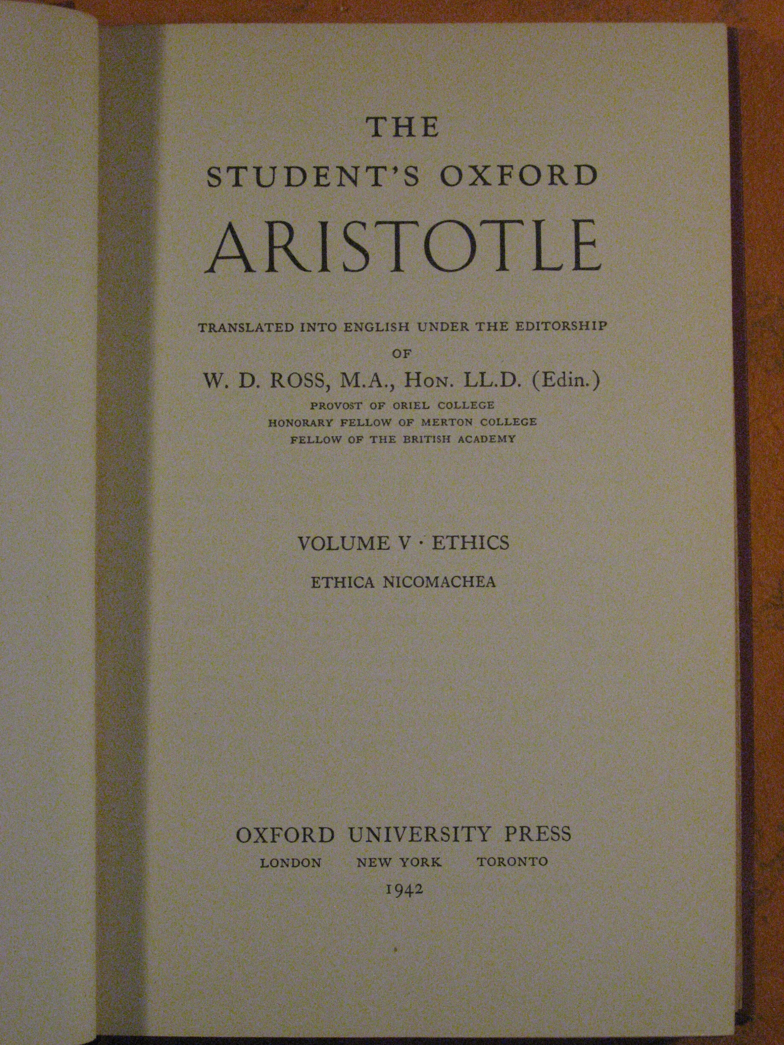 Image for Student's Oxford Aristotle: Volume V: Ethics : Ethica Nicomachea